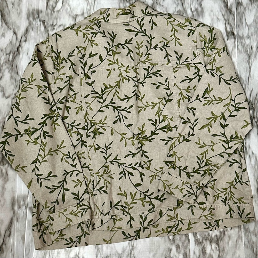 Leaf Patterned Beige Lightweight Jacket Linen Cot… - image 5